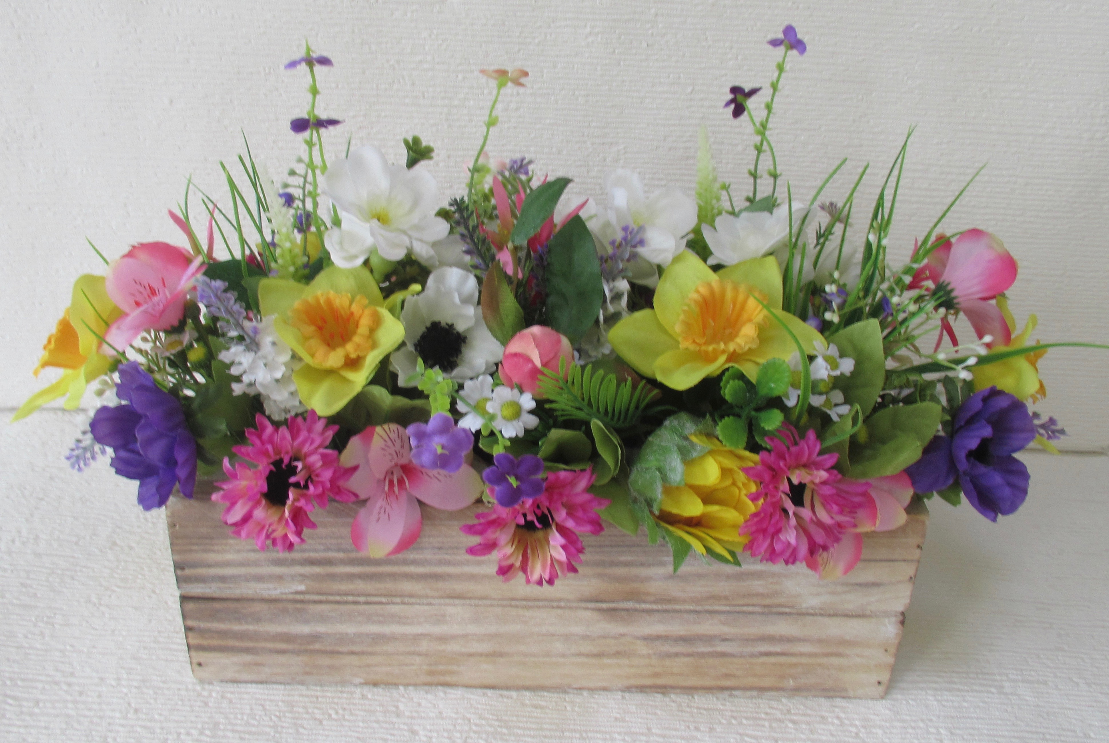 wild flower wooden trough centrepiece for weddings